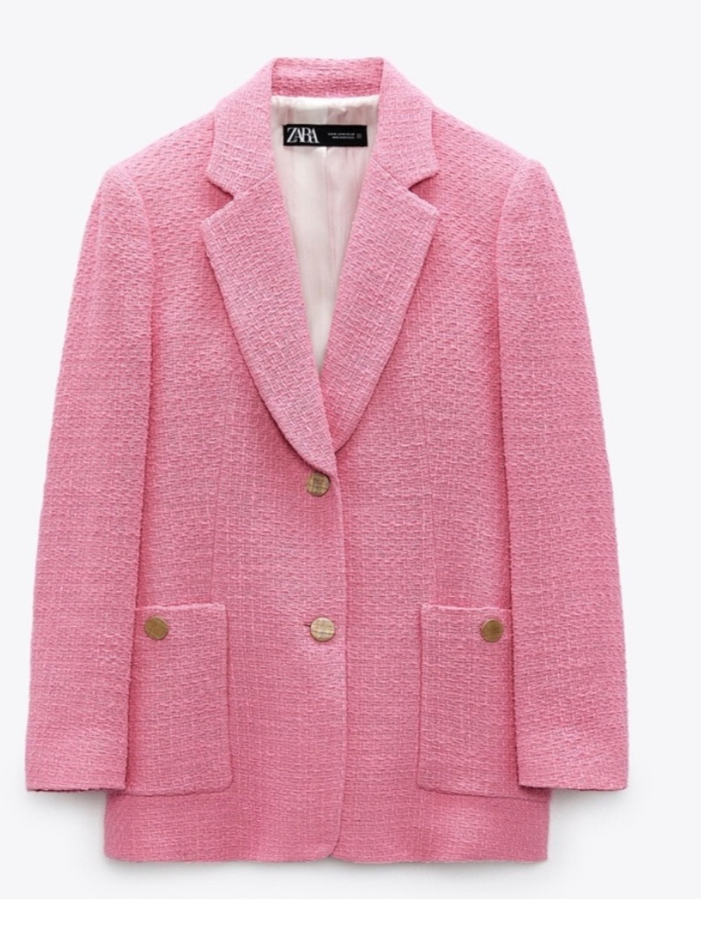 Zara Pink Bouclé Blazer with Gold Buttons. Size XS